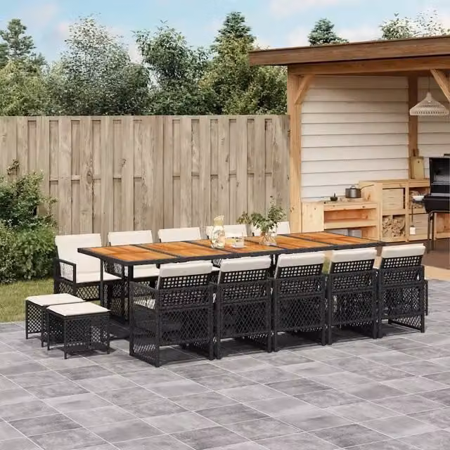 Set da pranzo da giardino vidaXL in legno di acacia e polyrattan da 15 pezzi con cuscini nero e bianco