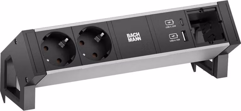BACHMANN DESK2 ALU BLACK 2xSchutzkt.USB, Caricatore USB 22W A&C 1xABD 0,2m GST18