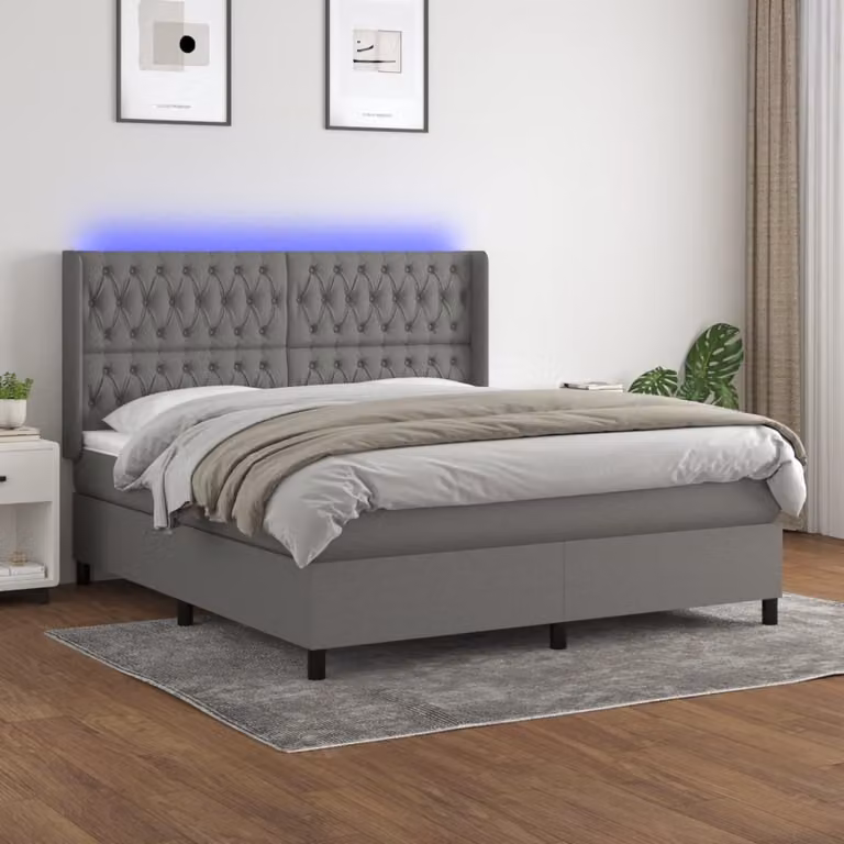 The Living Store Letto a molle con materasso e LED in tessuto grigio scuro 160x200 cm