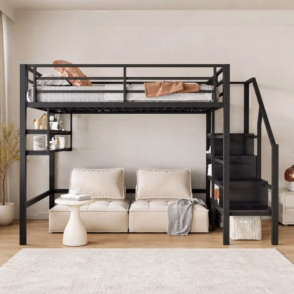 Letto a soppalco REDOM per bambini in metallo e MDF nero con ripiani laterali e scala contenitore L/P: 140 x 200 cm – 2