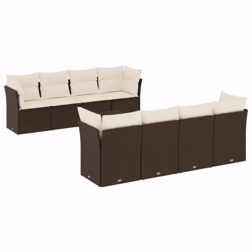 vidaXL Set Divani da Giardino a L con Tavolino da Esterno 9pz, Polyrattan e Acciaio, Marrone e Bianco – 2