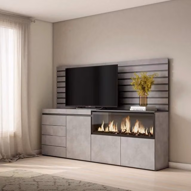 Credenza con Camino Elettrico XXL e Cassettiera SKRAUT HOME, Grigio Cemento, L: 214 cm, P: 35 cm, H: 145 cm