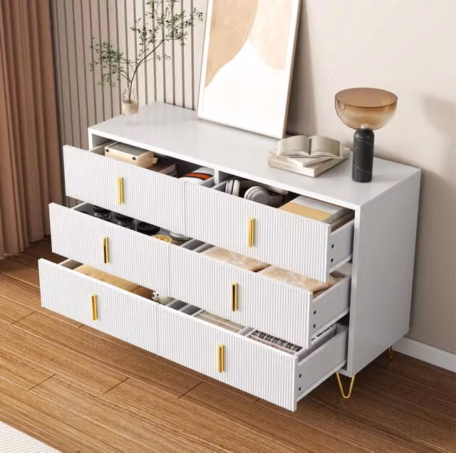 Credenza 120 x 40 x 77 cm con 6 cassetti; truciolare; bianco e oro