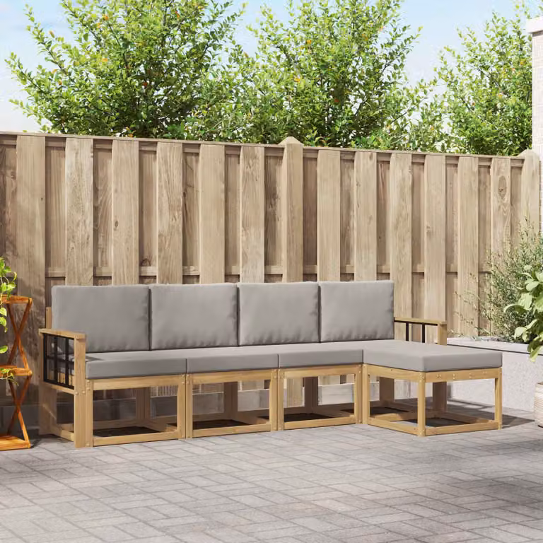 vidaXL Set di divani da esterno a L composto da 5 pezzi in legno di acacia con cuscini, Bianco e Grigio