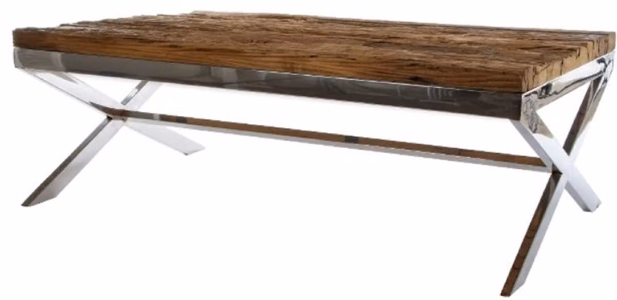 Tavolino Casa Padrino marrone / argento 130 x 80 x h. 45 cm - tavolo da soggiorno con superficie rustica e piano aggiuntivo in vetro