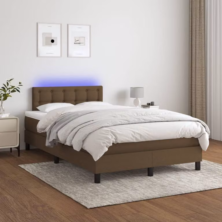 The Living Store Letto a molle con materasso e LED in tessuto marrone scuro 120x200 cm