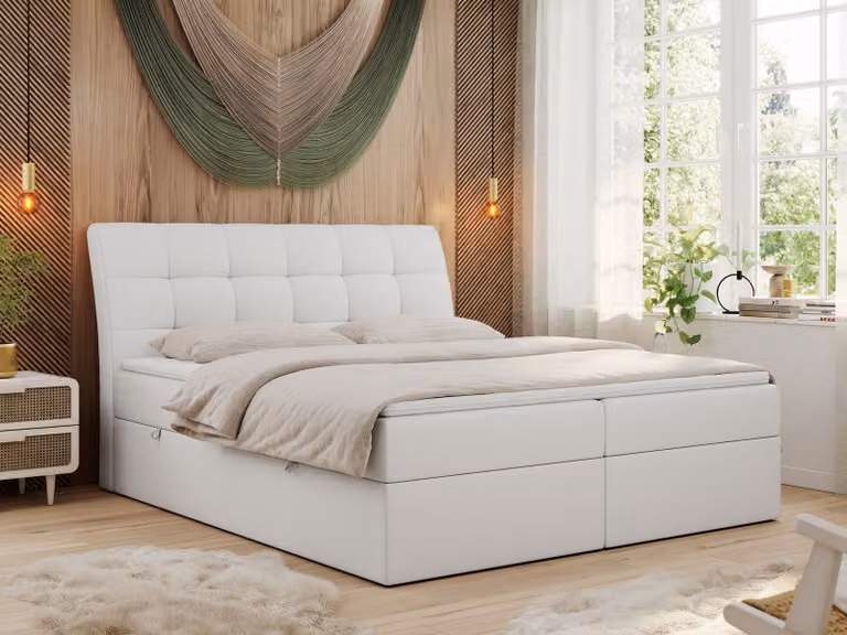Letto boxspring 160x200 con materasso, letto con materasso Multipocket - H3 e topper, letto imbottito 160x200 con contenitore e testiera, DIEGOS - 160x200 - Bianco - Ecopelle - H3
