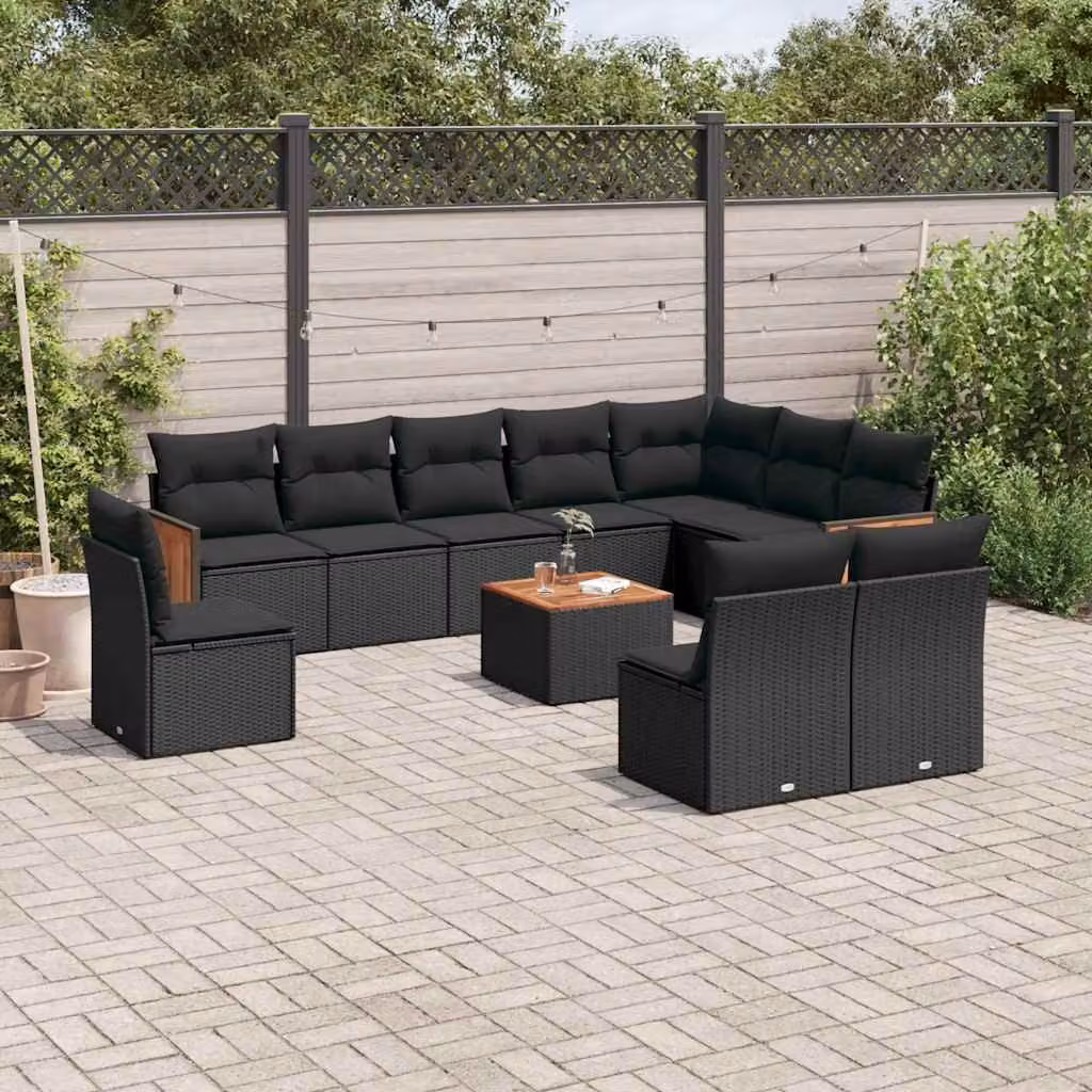 vidaXL Set Divani da Giardino 11 pz in Polyrattan Nero con Cuscini e Tavolino da Esterno – 1