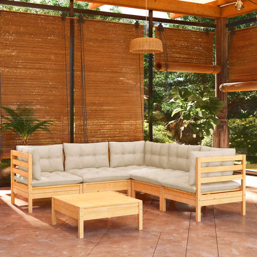 The Living Store Set da salotto da giardino da 6 pezzi con cuscini crema in legno di pino massiccio