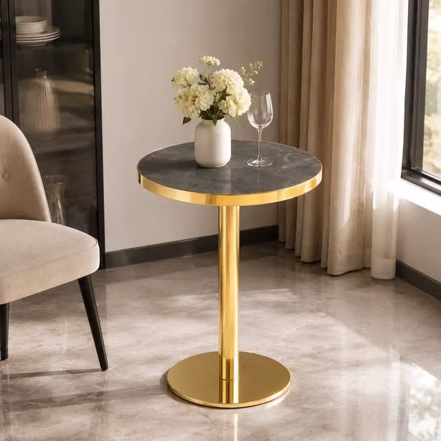 Tavolino Rotondo da Salotto Minimal con Piano Effetto Marmo Grigio e Struttura in Acciaio Dorato L: 59,5 cm, P: 59,5 cm, H: 73,5 cm – 1