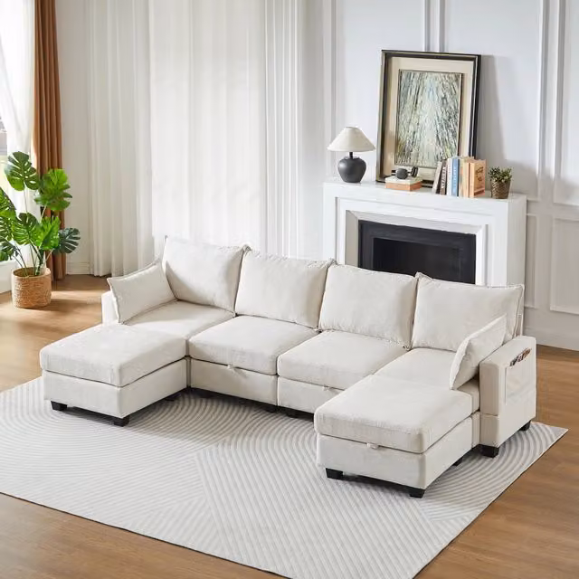 Divano letto modulare con contenitore in ciniglia beige