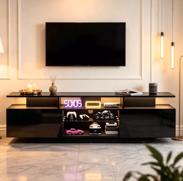 Mobile TV ULEVR 160x40x45 cm con LED controllabile via app, 2 ante e 8 ripiani, MDF e vetro, nero