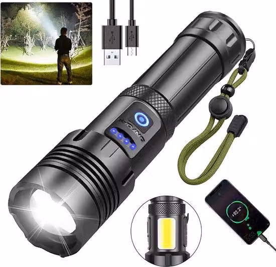 Torcia a LED ricaricabile - Torcia militare - 100.000 lumen - con 7 modalità - luce laterale COB - impermeabile - ideale per emergenze, campeggio, uso domestico
