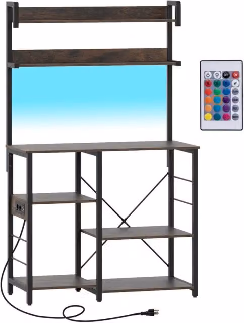 Scaffale da cucina e sala da pranzo DESIGN IN con 5 ripiani, supporto per microonde in metallo con luci LED integrate e presa di corrente, colore marrone stile industrial