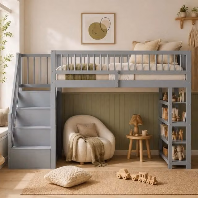 Letto a soppalco Mivray grigio con armadio, ripiani, vani contenitore e scala in legno, dimensioni 90 x 200 cm