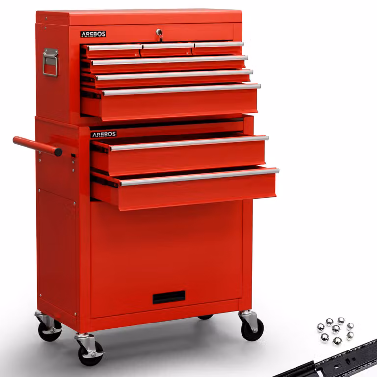 Carrello da officina AREBOS rosso | 9 scomparti, cuscinetti a sfera, freni di stazionamento
