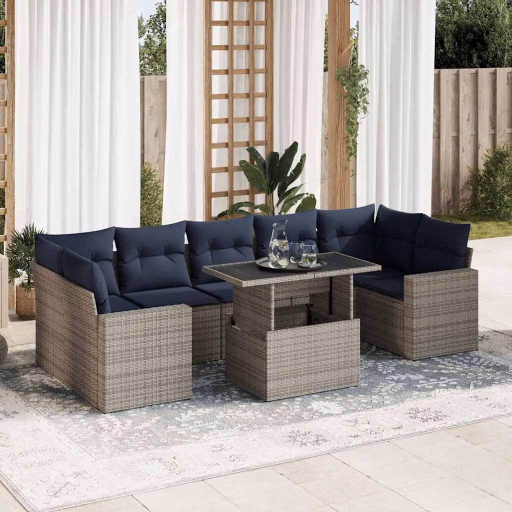 Set Divano da Giardino a L vidaXL in Polyrattan e Legno di Acacia con 8 Pezzi, Cuscini Blu e Grigio e Tavolino da Esterno