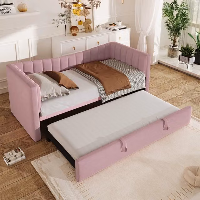 Divano letto 90x200cm - Convertibile in 180x200cm - Tessuto vellutato - Struttura in MDF - Capacità 150kg - Rosa