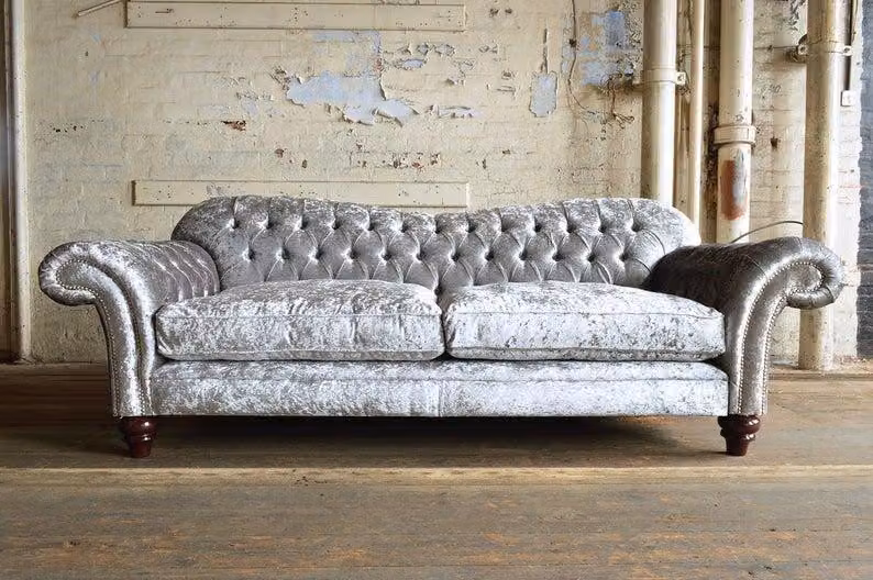XXL Sofa 3 Sitzer Couch Chesterfield Polster Sitz Garnitur Leder Silber