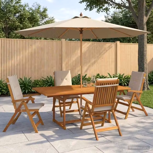 Set da pranzo da esterno vidaXL in legno di acacia con ombrellone, 6 pezzi per 4 persone, beige e bianco