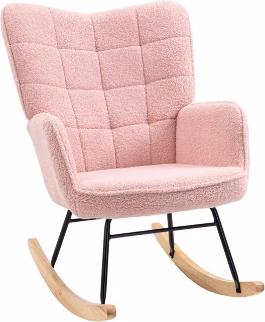 Poltrona a Dondolo Retro in Legno di Faggio e Tessuto Bouclé Rosa L: 98 cm, P: 71 cm, H: 101 cm