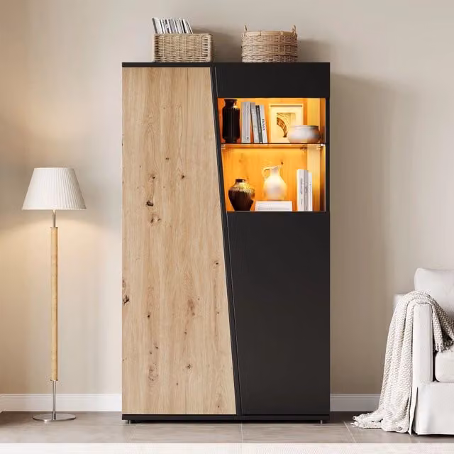 Vetrina, libreria, mobile contenitore, con illuminazione a LED, finitura effetto legno, ripiani in vetro, nero e color legno naturale