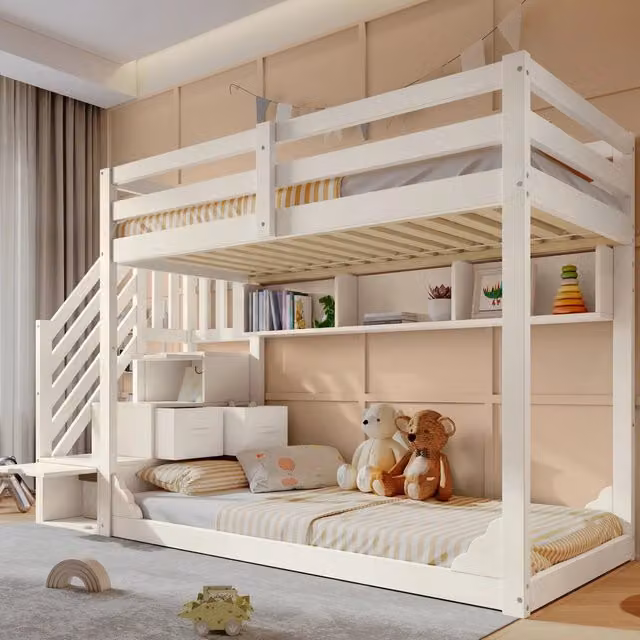 Letto a Castello per Bambini 90x200 cm Bianco in Legno con Scala Contenitore e Mensole