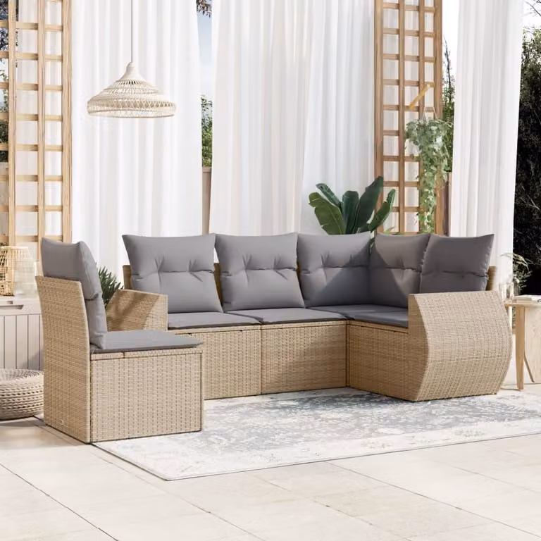 vidaXL Set Divano da Giardino a L 5 pz con Cuscini Beige e Struttura in Metallo e Polyrattan