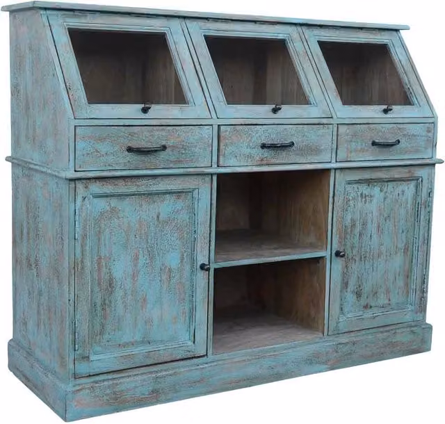 Credenza Wanderlust Deco in legno e vetro stile shabby chic color turchese L: 129 cm, P: 45 cm, H: 106 cm – 1