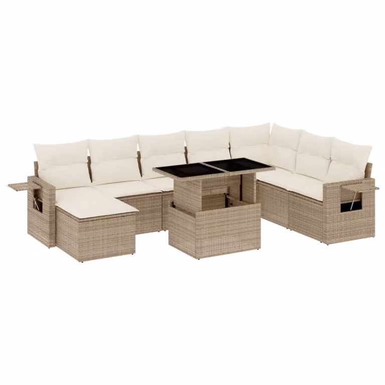 Set Divano da Giardino 9 pz con Cuscini Beige in Polyrattan