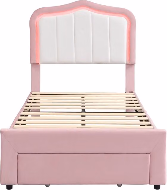 Letto per bambini imbottito 90 × 200 cm con cassetto e LED regolabile tramite applicazione, senza materasso, rosa