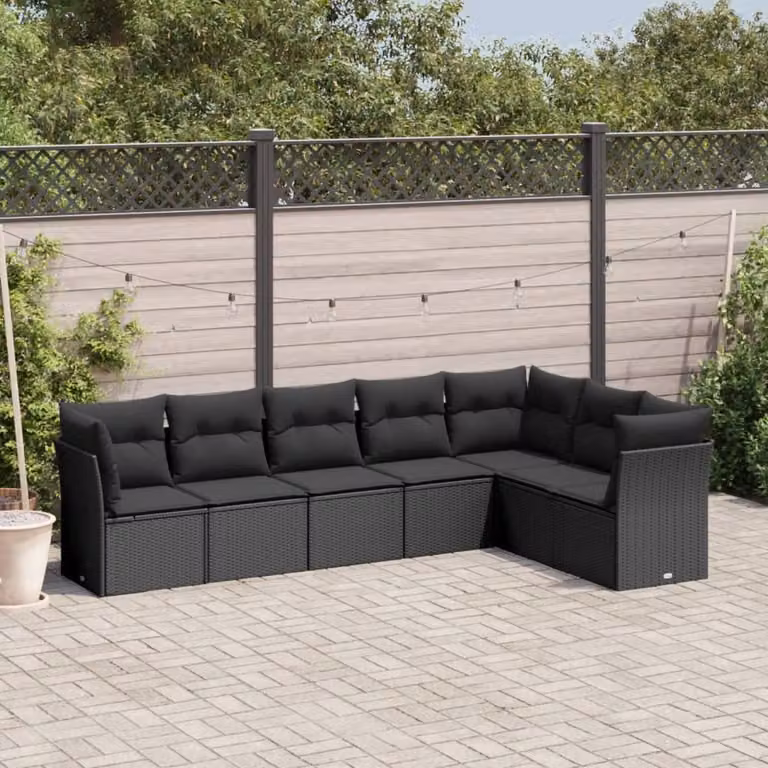 vidaXL Set Divano da Giardino a L con 7 Cuscini Nero in Polyrattan e Metallo