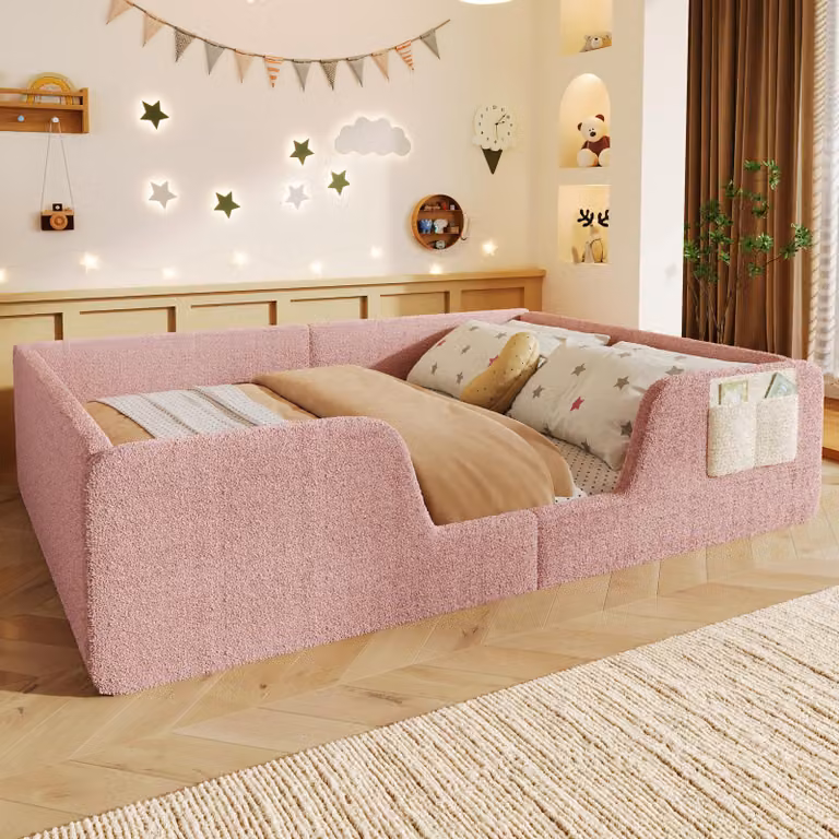 Letto per bambini okwish 140x190 Letto imbottito, rivestimento in velluto, telaio del letto con sponde laterali rimovibili Tasca in tessuto sul bordo del letto per cameretta dei bambini, rosa (senza materasso)