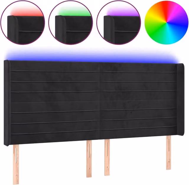 Testata del letto con illuminazione LED e porta USB in velluto nero, L: 203 cm, P: 16 cm, H: 118/128 cm – 1
