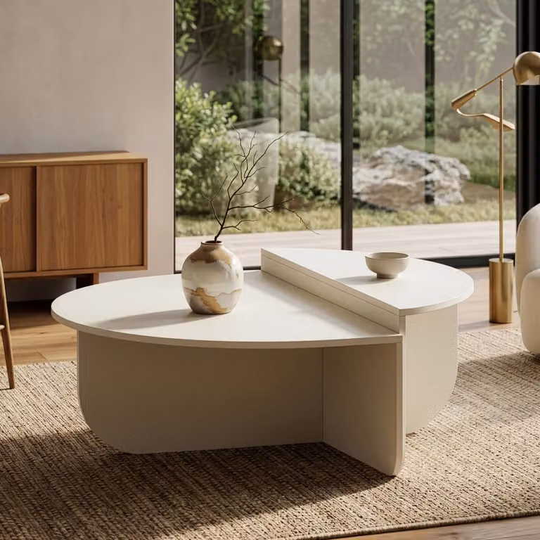Tavolino da salotto «Tondesdaslo» con doppio piano semicircolare 90 x 90 x 35 cm, bianco