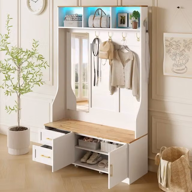 Mobile da ingresso con LED specchio ganci cassetti e vano per scarpe in MDF bianco effetto legno 120 × 40 × 187 cm