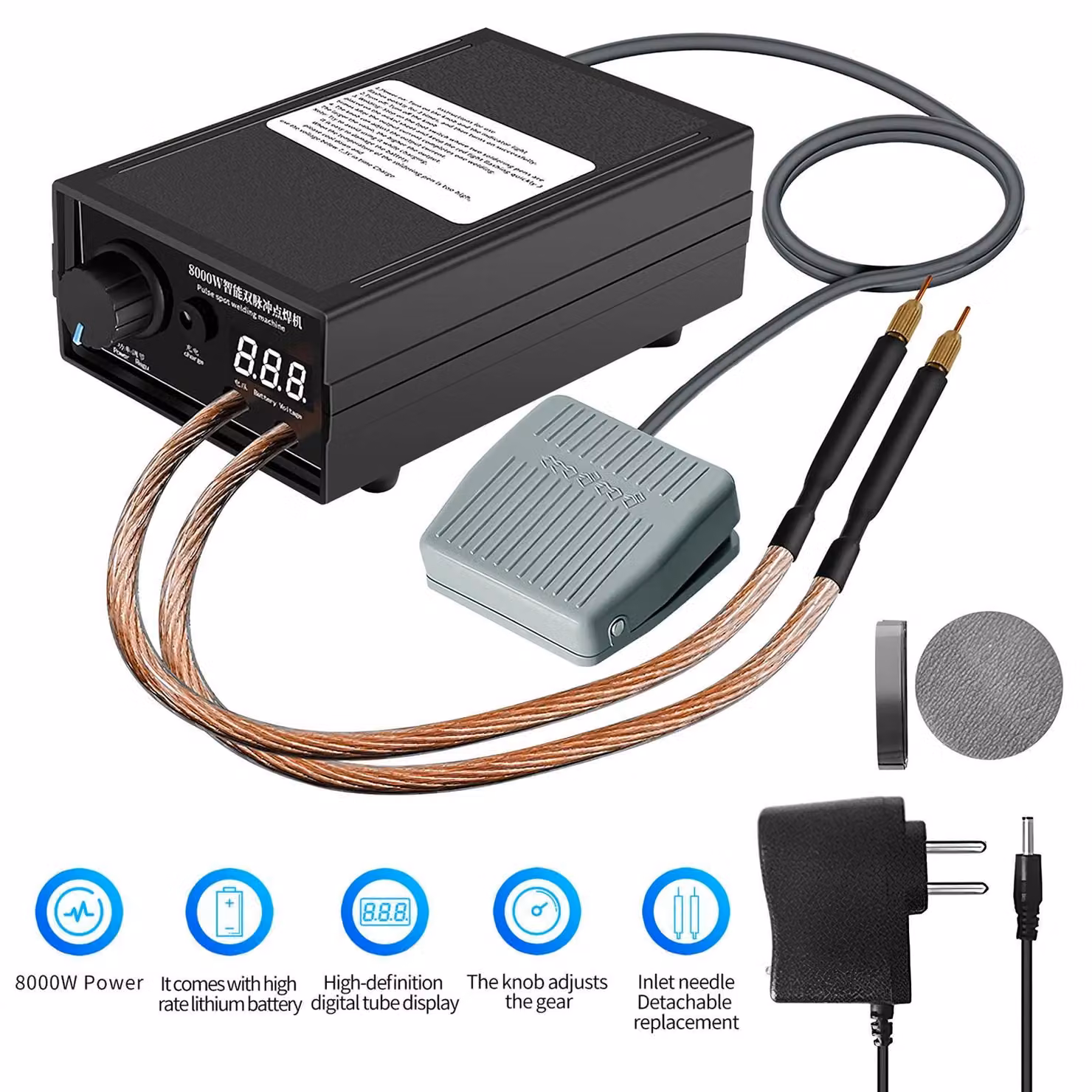 Saldatrice a punti portatile a batteria da 8000W - Corrente regolabile da 0 a 1200A - Ideale per la realizzazione di batterie 18650 fai-da-te - Adatta per nastro di nichel da 0,1 mm - Spina europea (nero)