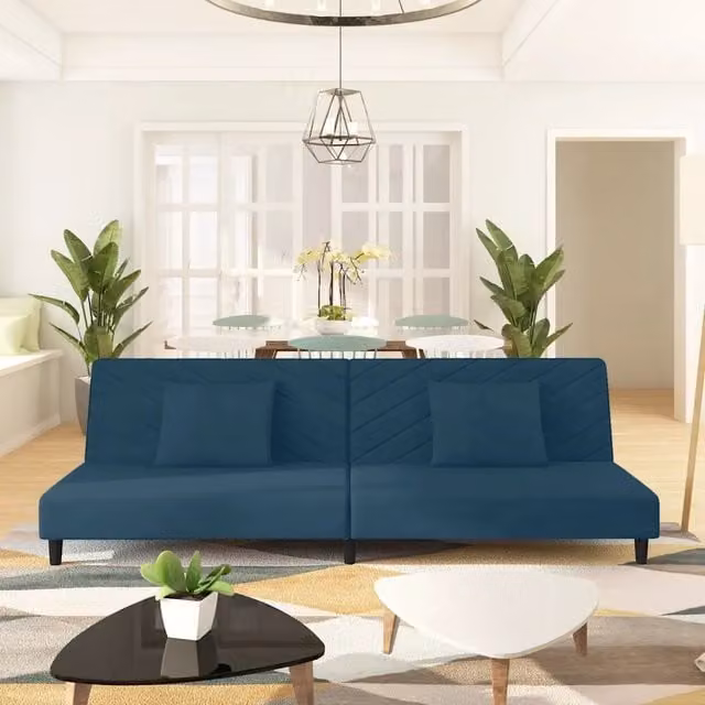 Divano Letto a 2 Posti con 2 Cuscini Blu in Velluto 375909