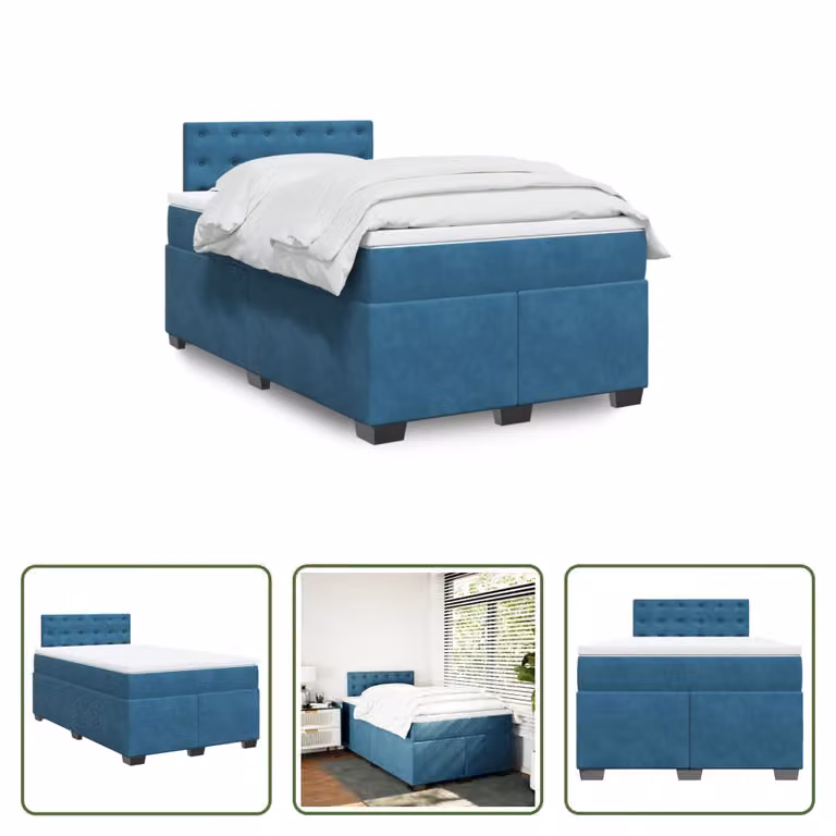 The Living Store Letto a molle con materasso blu scuro 120x200 cm in velluto