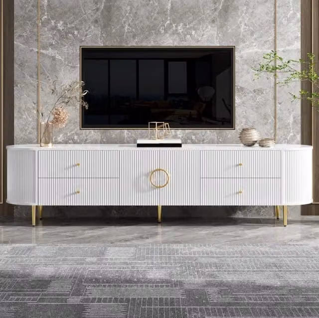 Mobile TV bianco in MDF con onde 3D; cassetti; vano a doppia anta e passacavi; 180 x 40 x 38 cm
