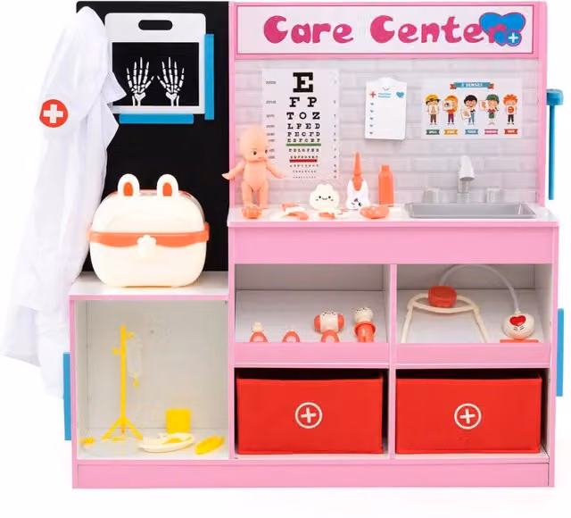 Centro medico pediatrico con area visita interattiva e accessori in MDF rosa L/P/H: 85 x 25 x 80 cm