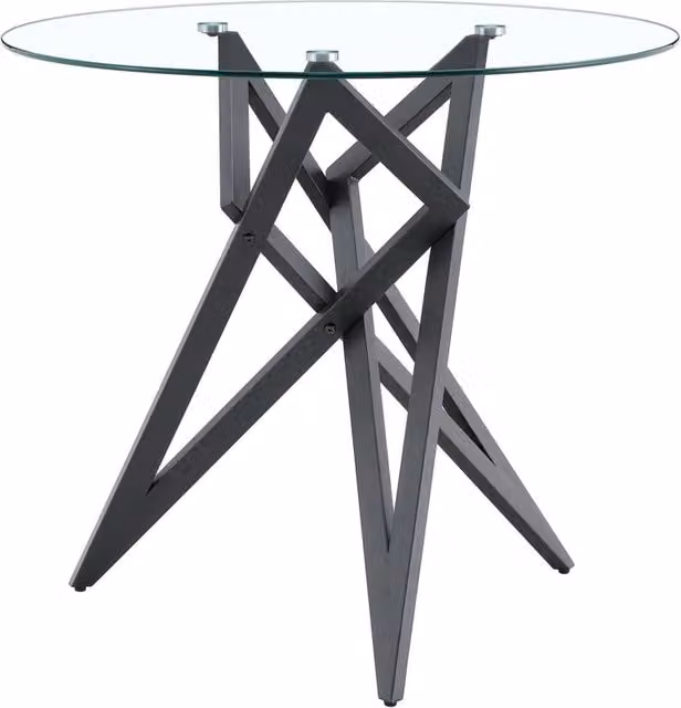 Tavolino rotondo da salotto con piano in vetro temperato Ø 85 cm e struttura geometrica in metallo/legno