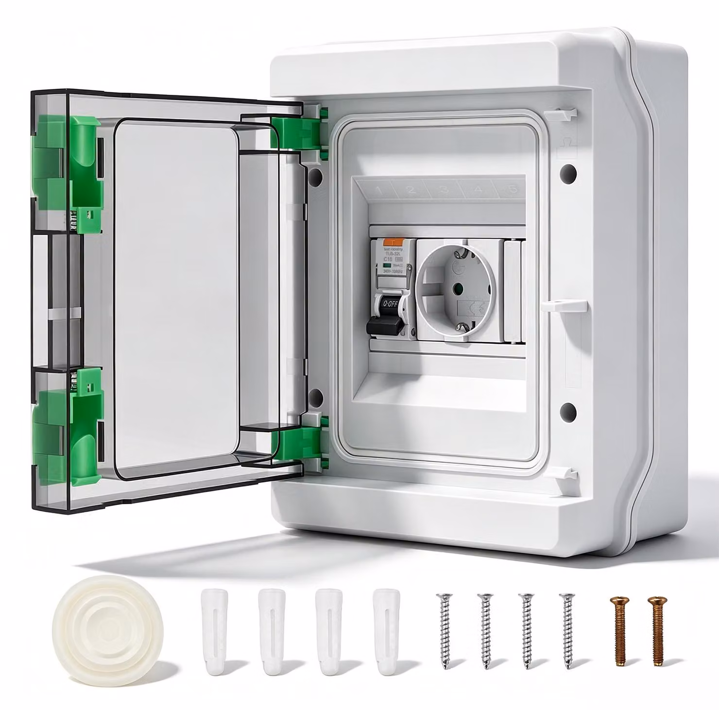 Armatura di protezione impermeabile IP65 - Presa a muro - Interruttore differenziale - Spina da 16A, tipo C - Interruttore magnetotermico da 16A, 230V - Adatta per ambienti esterni