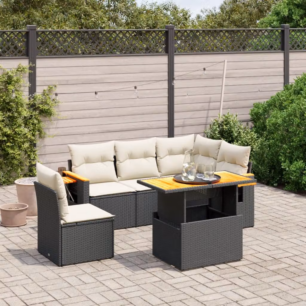 vidaXL Set Divano da Giardino 6 pz a L con Cuscini, Polyrattan e Legno di Acacia, Nero e Bianco – 1