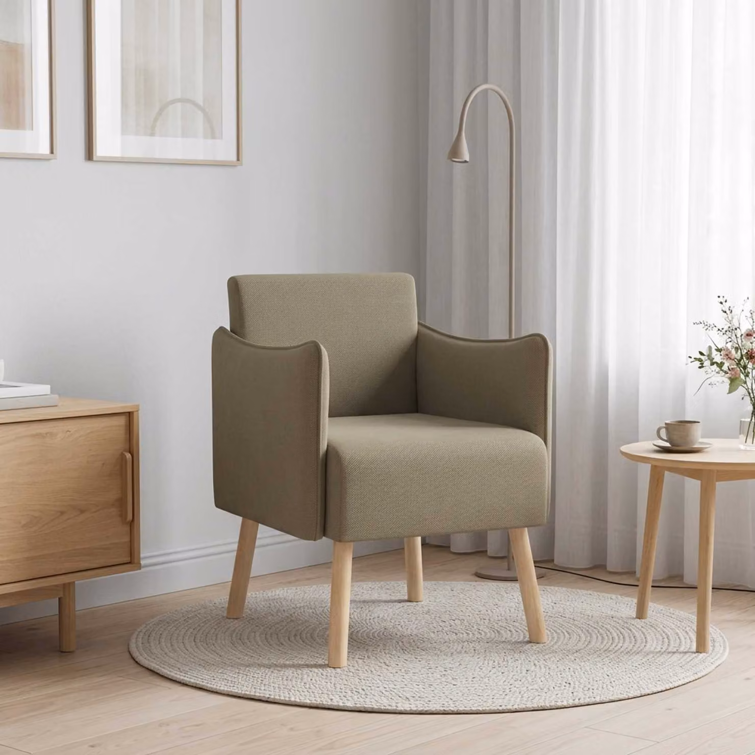 Sedia d'accento moderna vidaXL in velluto beige con braccioli e struttura in legno