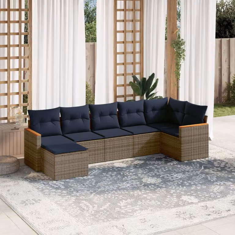 Set di divani da giardino vidaXL 7 pz in rattan con cuscini grigi e blu a forma di L con struttura in metallo e coperture rimovibili