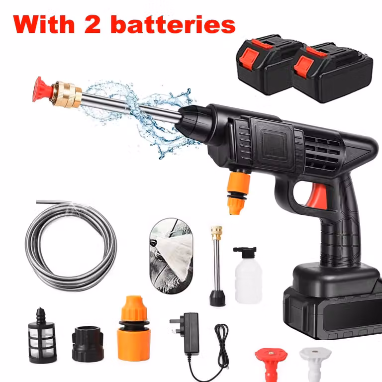 Idropulitrice – Pistola idropulitrice a batteria – 50 bar – 21 V – 2 batterie – Tubo flessibile per acqua 5–10 m – Set B