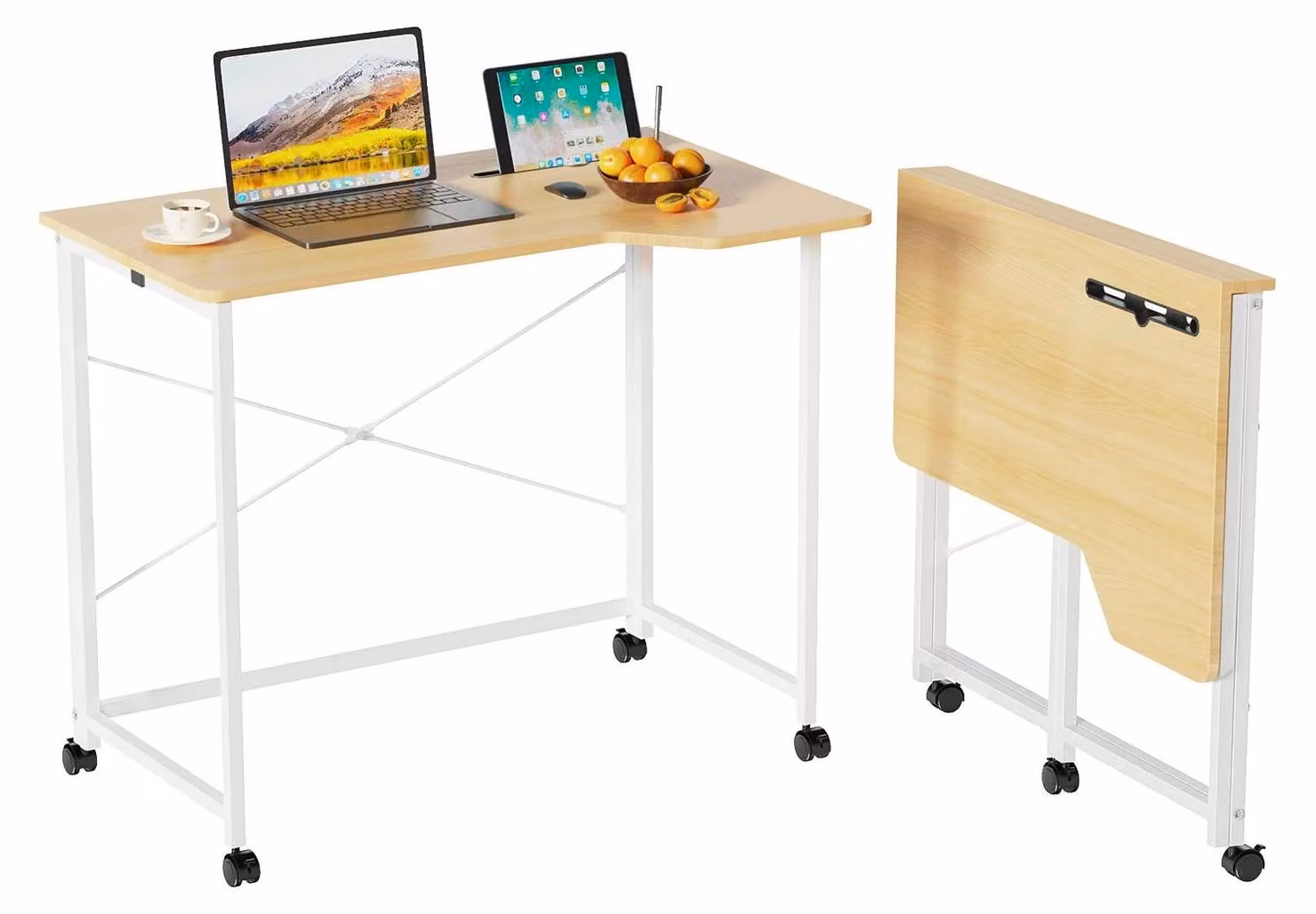 Scrivania pieghevole su ruote - Scrivania per computer 90x56x75 cm - Scrivania portatile per laptop con fessura per carte - Piano in legno rettangolare - Ideale per piccoli spazi - Colore giallo