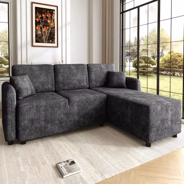 Divano angolare 3 posti OKWISH con penisola relax in tessuto chenille nero e cuscini in schiuma ad alta densità con struttura in legno massello