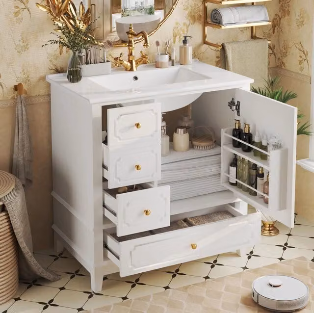 Mobile sottolavabo ULEVR 76,5x47x87,5 cm con lavabo in ceramica, 3 cassetti e anta, bianco